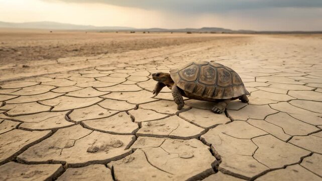 Tortoise walks across cracked earth under a hazy sky symbolizing perseverance during drought