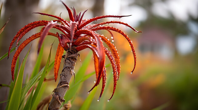 Red aloe succulent plant with raindrops in garden environment drought tolerant botanical gar
