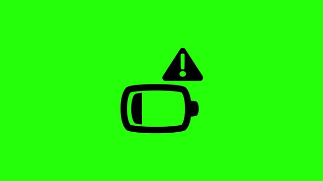 4K resolution video of an empty battery cell outline with an attached alert warning exclamation triangle silhouette bouncing into view. Perfect energy icon.