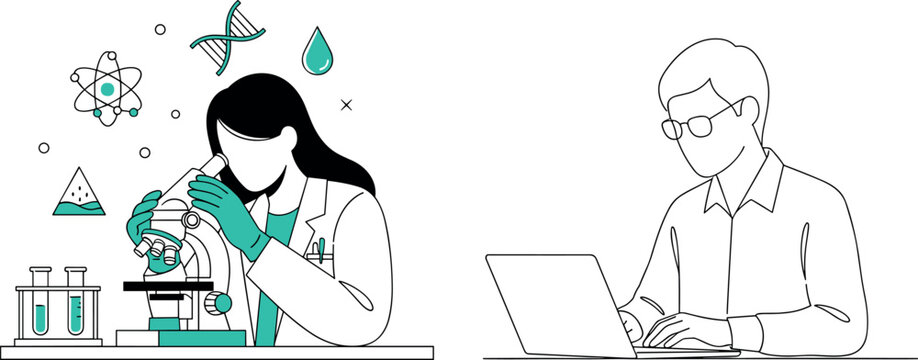 Vector illustration collection of a female scientist using a microscope in a laboratory and a man working on a laptop