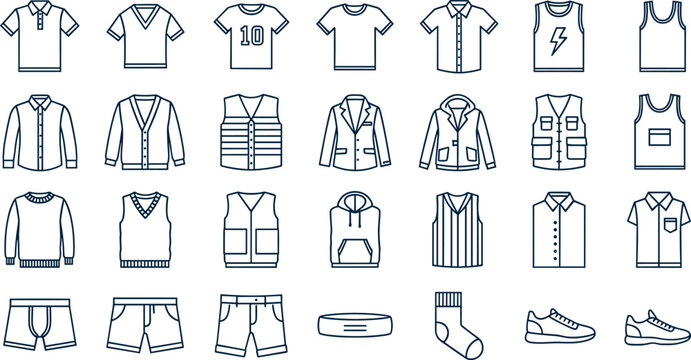 Men apparel and casual clothing line icon set featuring shirts jackets trousers underwear socks and sneakers vector for fashion retail store website