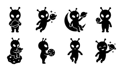 Cute Alien Vector Icons Set, Space Characters, Extraterrestrial Icons, Sci-Fi Symbols, Cosmic Creatures, Planets, Stars, Moon, Black Silhouette Graphics for Kids and Science Themes © Imran