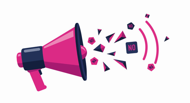 Pink Megaphone Bullhorn with NO and NA Symbols and Geometric Shapes Representing Refusal, Rejection, and Firm Communication