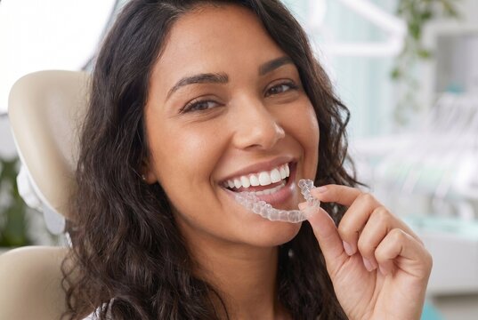 Imagem gerada por IA de uma jovem mulher bonita e sorridente segurando um alinhador dental transparente no consult&oacute;rio odontol&oacute;gico. Tratamento de ortodontia est&eacute;tica