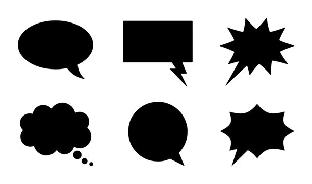 Six Black Speech Bubbles, Comic Style, Vector Icons for Communication and Dialogue, Isolated on White Background