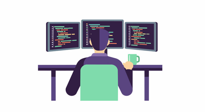 Software Developer Working on Multiple Monitors with Programming Code, Flat Vector Illustration of Programmer at Desk, Web Development and IT Technology Concept