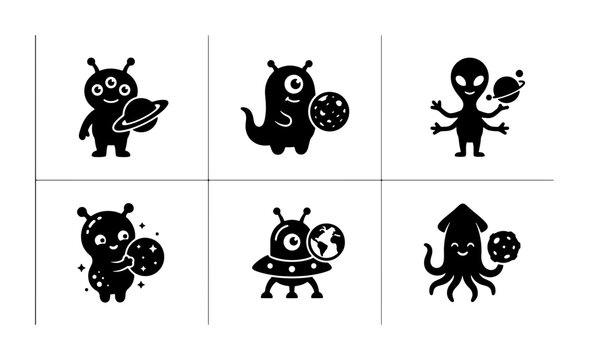 Cute Alien Icons, Extraterrestrial Characters, Sci-Fi Space Creatures, Vector Set