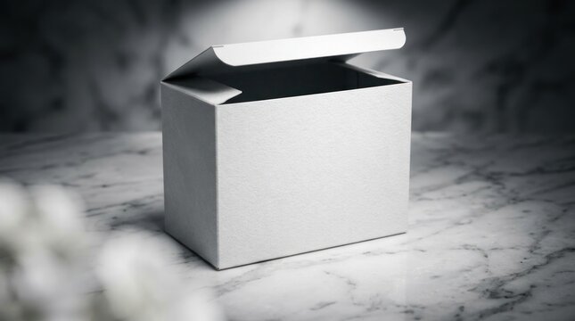 Blank cardboard retail display box mockup standing on polished marble surface for product packaging branding presentation