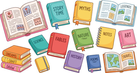 “Creative colorful vector illustration of scattered books with themes of art, science, travel, history, and imagination” © Rony