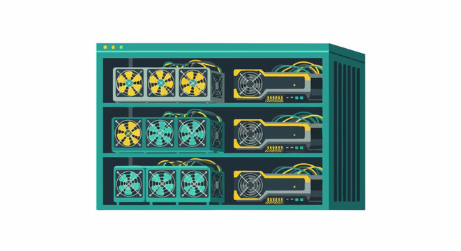 Cryptocurrency Mining Rig with Graphic Cards GPU Farm for Blockchain Technology and Bitcoin Mining Concept Illustration
