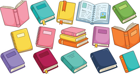 “Creative colorful vector illustration of scattered books with themes of art, science, travel, history, and imagination” © Rony