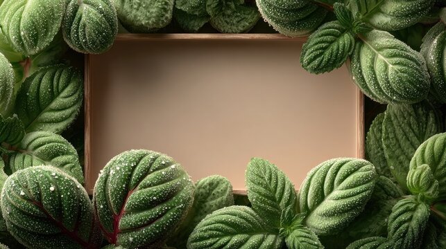Close-up of dewy green leaves surrounding a blank frame