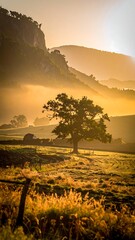 Obraz premium Serene Landscape with Tree and Mountains at Sunset.