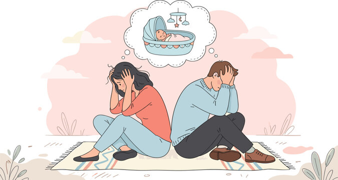 &ldquo;Emotional vector illustration of two people reflecting on parenthood with shared thought bubble showing baby cradle&rdquo;