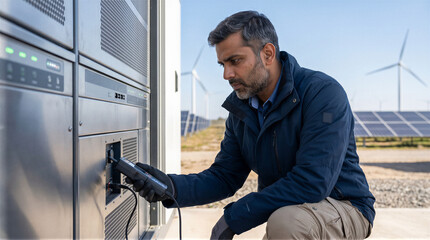 Fototapeta premium Indian Engineer Inspecting Advanced Battery Energy Storage System at Renewable Power Plant