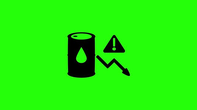 Premium 4K presentation showing an industrial petroleum barrel with a crashing graph arrow and a warning triangle silhouette bouncing. Recession icon.