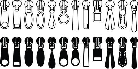 Clothing zipper sliders and pull tabs vector icon set, featuring linear outline and solid black silhouette styles for fashion design.  © Aditya