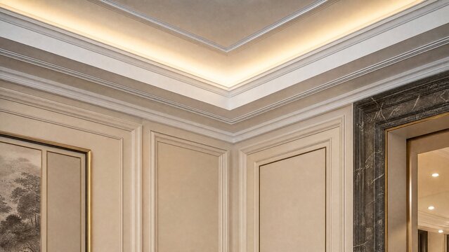 Decorative molding where ceiling and wall meet in an elegant joint.