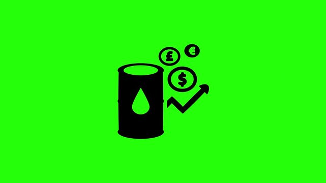 4K video asset capturing a petroleum drum barrel paired with a steep rising graph arrow and global currency coins silhouette bouncing. Clean market icon.