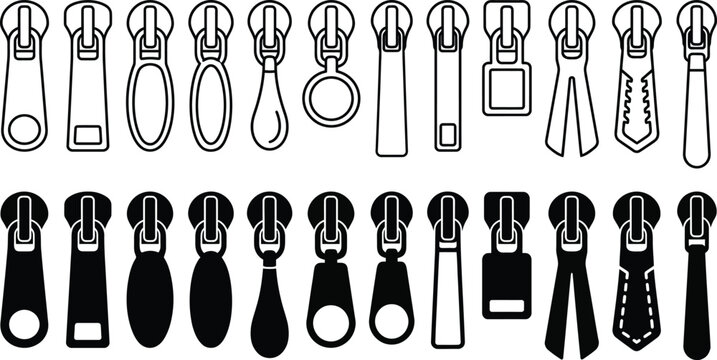 Clothing zipper sliders and pull tabs vector icon set, featuring linear outline and solid black silhouette styles for fashion design. 