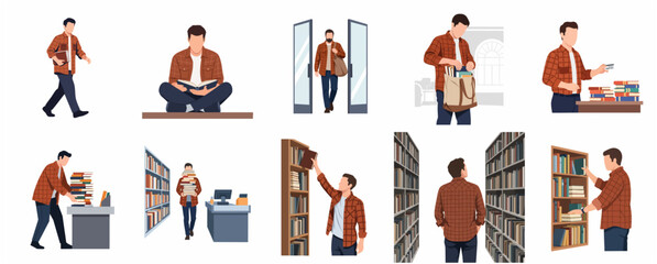 Man visiting library and bookstore flat color vector character set. Male student reading, browsing bookshelves and buying books for his study. © Jackie