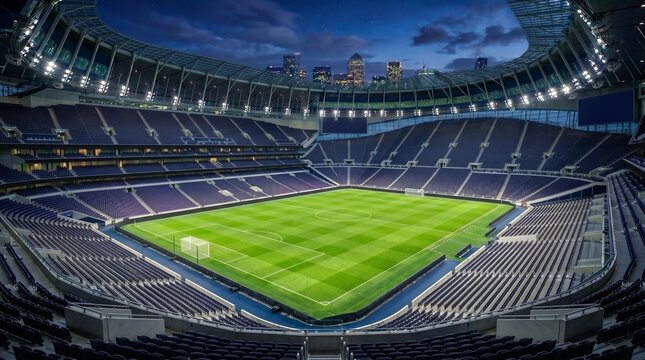 Empty modern football stadium at night with city skyline in background
