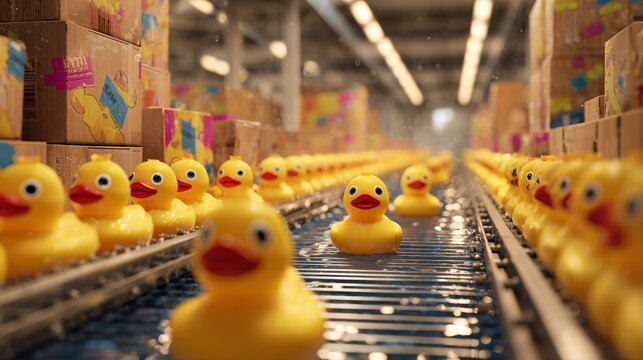Endless rows of yellow rubber ducks on a conveyor belt in a warehouse.