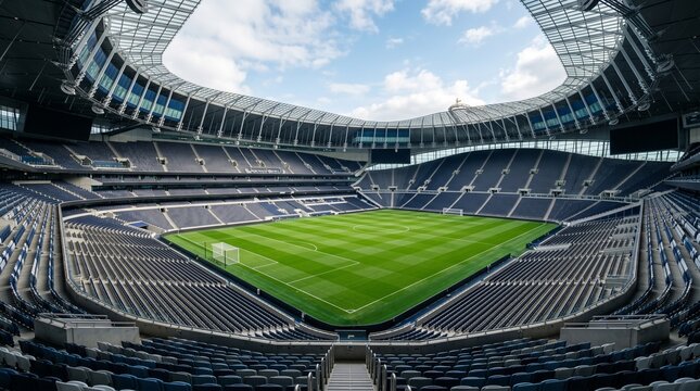 Empty modern football stadium with green pitch and blue seating