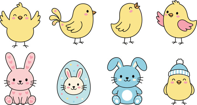 &ldquo;Playful colorful vector illustration of cute Easter chicks and bunnies with festive decorations, party hats, and springtime joy&rdquo;