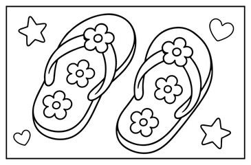 Flip flops sandals with flower patterns and decorative stars and hearts for kids coloring page activity