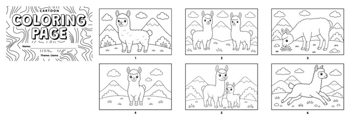 Printable cartoon llama coloring page collection for kids featuring mountain landscapes. © Hokyubi