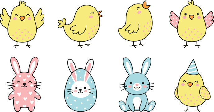 &ldquo;Playful colorful vector illustration of cute Easter chicks and bunnies with festive decorations, party hats, and springtime joy&rdquo;