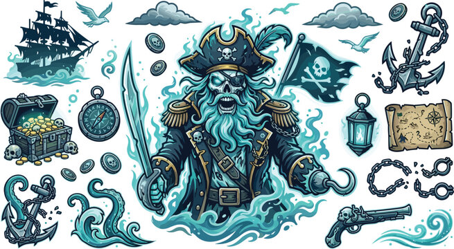 Ghost pirate captain vector element set with spooky skeleton, treasure chest, skull flag, old ship, anchor, and glowing mystical sea monster tentacles.