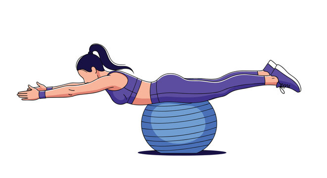 Fit woman in a purple workout outfit performs a back extension exercise on a blue fitness ball against a white background.
