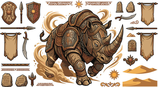 Armored battle rhinoceros vector element set with fantasy warrior shields, ancient desert spears, tribal banners, desert dunes, and mystical runic stones.