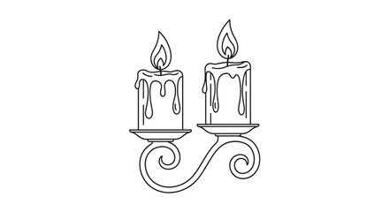 Obraz premium Black and white line art illustration of two melting candles burning on an ornate metal holder stand isolated on a white background.