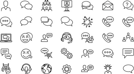 Fototapeta premium Vector illustration collection of customer support service call center chatbot team communication and global helpdesk thin line icons set