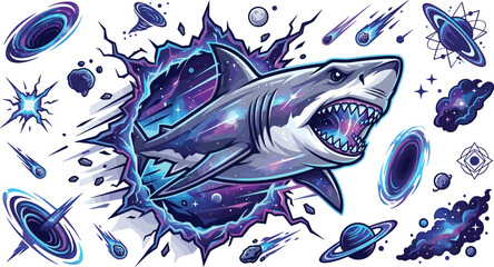 Cosmic space shark vector element set with galaxy portal, black holes, flying meteors, planets, starry nebula, and futuristic astronomy design assets. © Sukhi