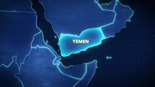 High tech digital map of the Middle East with a glowing cyan highlight on Yemen for news broadcast or geopolitical presentation backdrop
