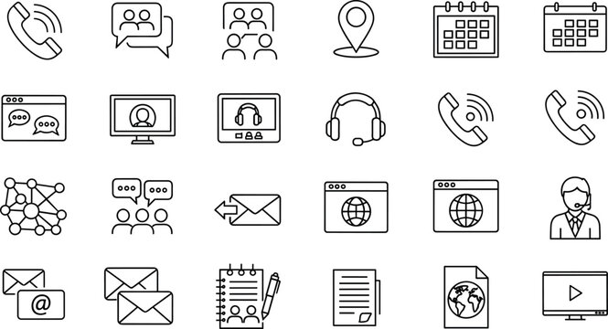 Vector illustration collection of online business meeting video conference customer support and global contact communication thin line icons set