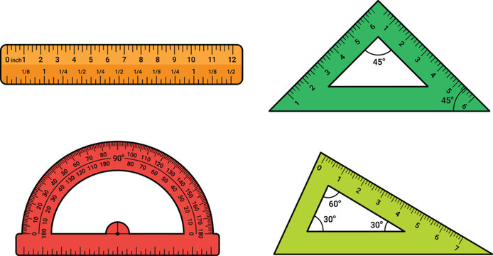 &ldquo;Colorful vector illustration of geometry measuring tools including ruler, protractor, and set squares for math and design&rdquo;