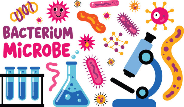 Microbiology and science set featuring bacteria, microbes, test tubes, flask, and microscope in flat style on white background