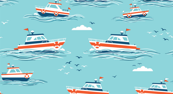 Seamless maritime pattern features various red and blue fishing boats sailing on a wavy light blue sea with seagulls.