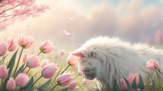 White cat in a field of tulips during golden hour soft focus cinematic movement