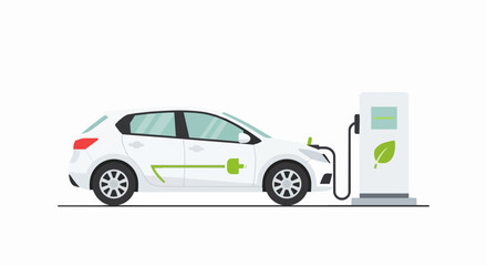 Fototapeta premium White Electric Car Charging at a Station Vector Illustration - Eco-Friendly Sustainable Transportation Concept