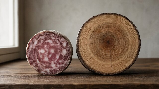 Cross-section of dried saucisson beside tree log, concentric patterns echoing each other.