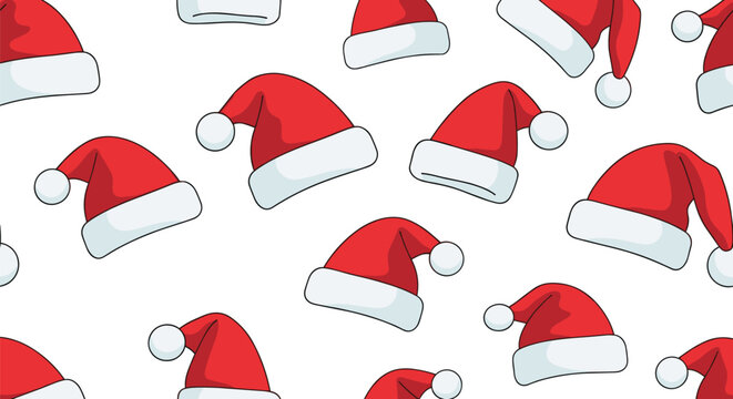Festive seamless pattern of red and white Santa Claus hats scattered on a white background for Christmas holiday designs.
