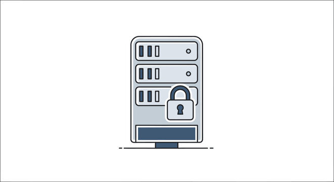A secured server rack with a padlock icon on the front representing data security.