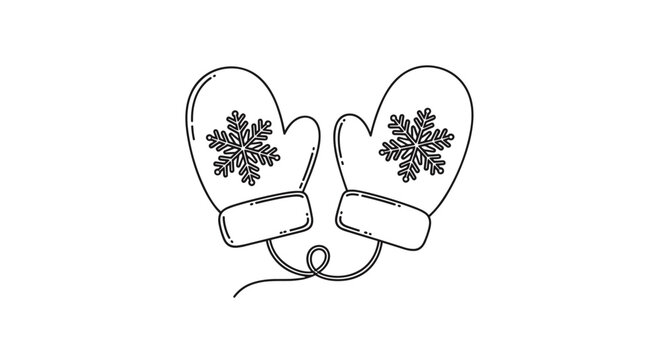 Black and white line art illustration of a pair of winter mittens connected by a string with snowflake patterns on a white background.