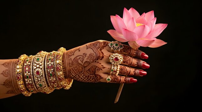 Elegant female hand adorned with intricate henna patterns and traditional golden bangles holds a delicate pink lotus flower against a dark background in this stunning 
